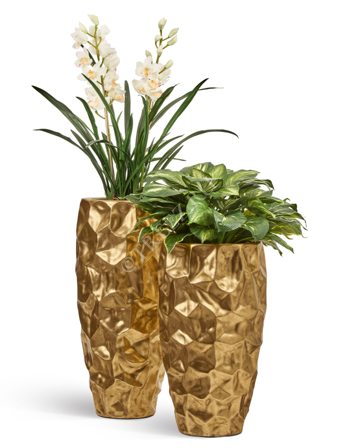 Кашпо TREEZ Effectory - Metal - Высокий округлый конус Design Crumple - Сусальное золото фото